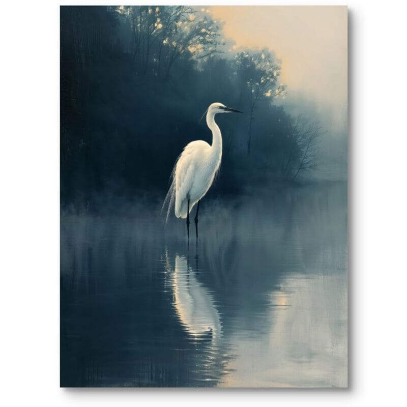 Plakat do sypialni realistyczny czapla ptaki jezioro minimalistyczny zimny