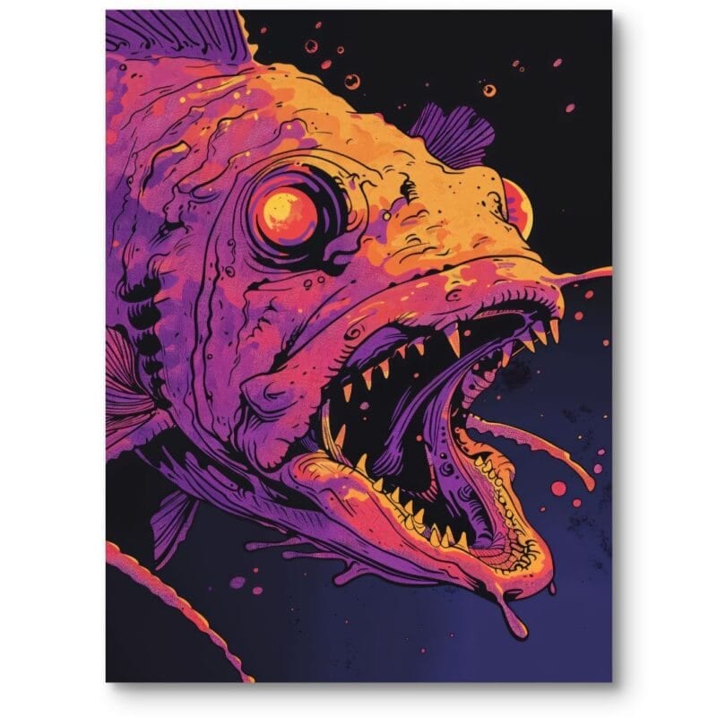Plakat do sypialni zwierzęta ryby morskie potwory pop-art fioletowo-pomarańczowy