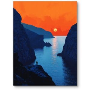 Plakat do szarego salonu krajobrazy pejzaże i widoki zachód słońca nad morzem minimalizm pomarańczowo-niebieski