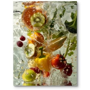Plakat energetyczny dynamiczny do kuchni martwa natura owoce warzywa woda zielono-pomarańczowy