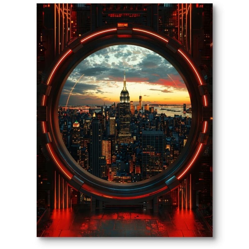 Plakat futurystyczny widok nowy jork do industrialnego salonu krajobrazy urbanistyczne cyberpunk czarno-czerwony