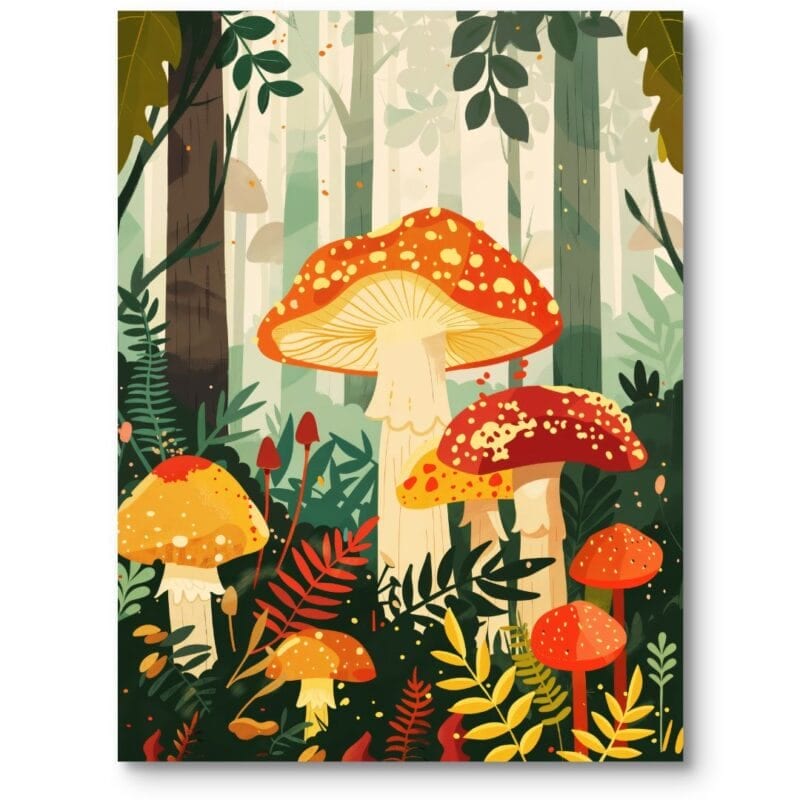 Plakat grzyby rośliny i flora ilustracyjny do pokoju dziecięcego zielono-pomarańczowy Plakat grzyby rośliny i flora ilustracyjny do pokoju dziecięcego zielono-pomarańczowy