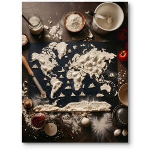 Plakat jedzenie kuchnia mapa świata do kuchni rustykalnej eklektycznej fotografia martwa natura czarno-biało-brązowy