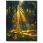 Plakat las o poranku do skandynawskiego salonu natura zielono-złoty elegancki