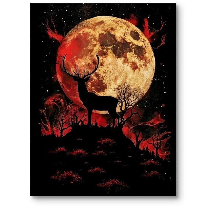 Plakat na płótnie do salonu industrialny natura jeleń księżyc czerwono-czarny