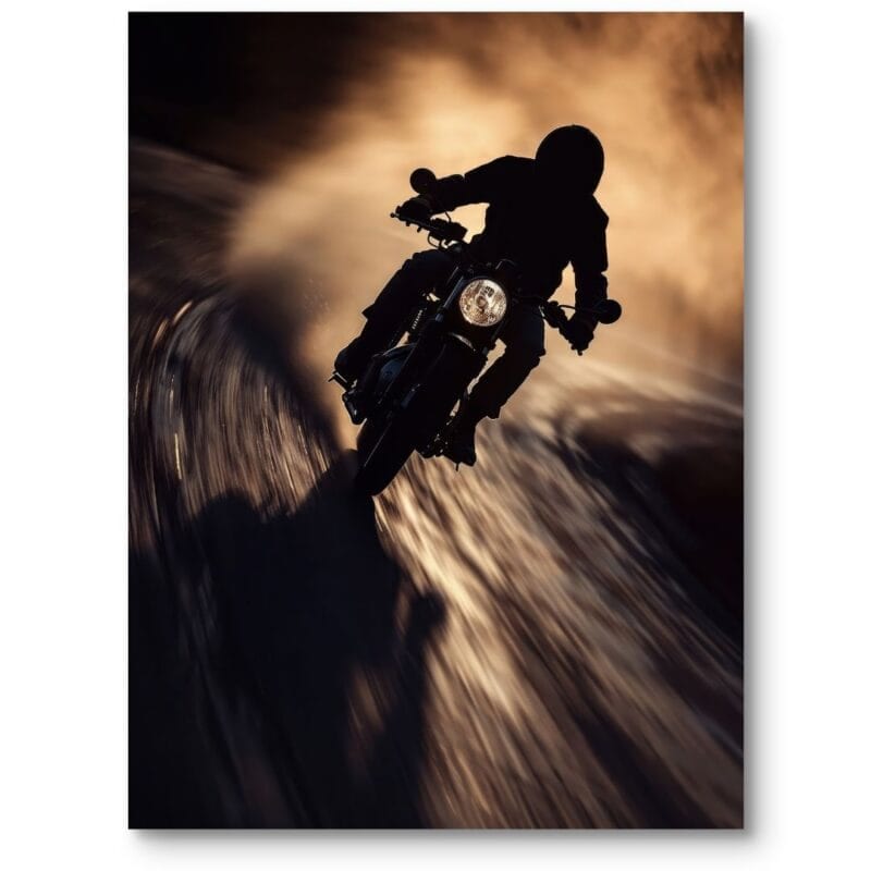 Plakat na ścianę do garażu transport i środki lokomocji motocykl dynamiczny czarno-biały pomarańczowy