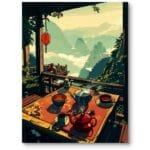 Plakat natura krajobrazy zielono-czerwony do rustykalnego salonu kultura herbaty