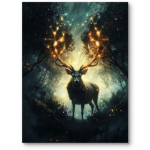 Plakat nowoczesny do salonu jeleń w lesie fantastyczny czarno-zielony