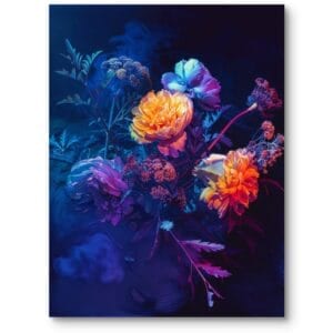 Plakat piwonie w pełnym rozkwicie do nowoczesnego salonu rośliny i flora fioletowo-pomarańczowy realizm