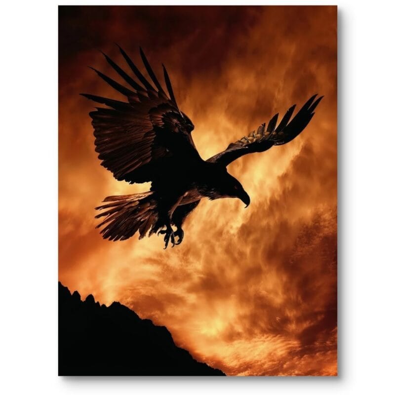 Plakat pomarańczowo-czarny do gabinetu kruk na tle zachodu słońca nowoczesny