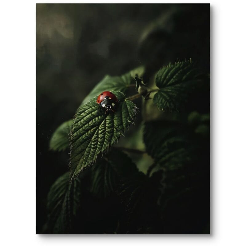 Plakat spokojny do salonu zielony liść z biedronką makrofotografia ciemnozielono-czerwony