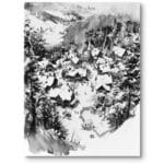 Plakat tusz zimowe pejzaże na wsi czarno-biały nostalgiczny do salonu rustykalnego