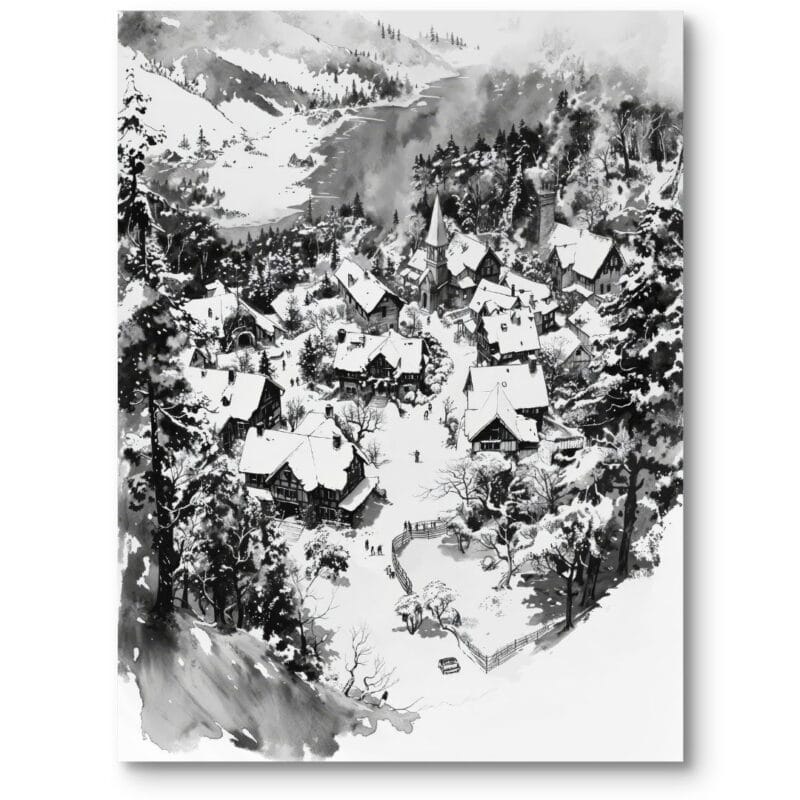 Plakat tusz zimowe pejzaże na wsi czarno-biały nostalgiczny do salonu rustykalnego