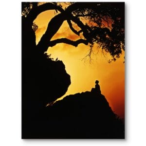 Plakat zachód słońca z sylwetką na szczycie pomarańczowo-czarny do salonu nowoczesny