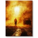 Plakat zachód słońca żołnierz pojazd terenowy mroczny ciepły do męskiego pokoju