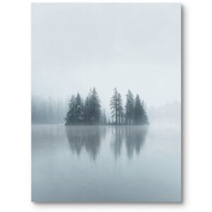 Plakat zimowy krajobraz las jezioro do salonu skandynawski szaro-niebieski