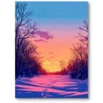 Plakat zimowy krajobraz realistyczny do salonu zachód słońca pomarańczowo-różowy Plakat zimowy krajobraz realistyczny do salonu zachód słońca pomarańczowo-różowy