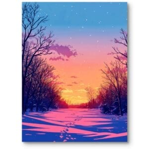 Plakat zimowy krajobraz realistyczny do salonu zachód słońca pomarańczowo-różowy