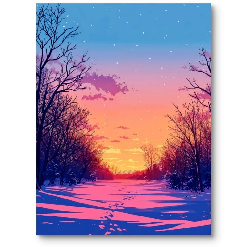 Plakat zimowy krajobraz realistyczny do salonu zachód słońca pomarańczowo-różowy Plakat zimowy krajobraz realistyczny do salonu zachód słońca pomarańczowo-różowy
