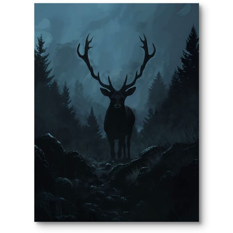 Plakat zwierzęta leśne jeleń noc do industrialnego gabinetu zimne kolory Plakat zwierzęta leśne jeleń noc do industrialnego gabinetu zimne kolory