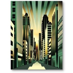 Stylowy obraz na ścianę do biura art deco miejska panorama zielono-żółty