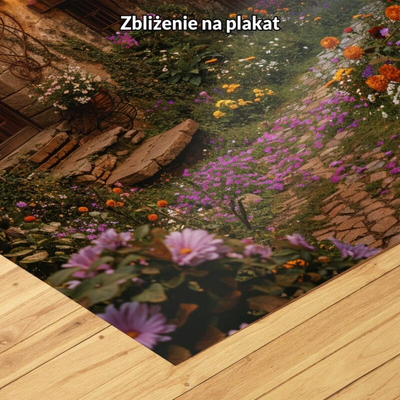 Plakat ogród pełen kwiatów i kamienista ścieżka