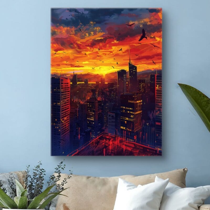 Plakat zachód słońca nad miastem do salonu