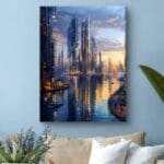 Plakat futurystyczne miasto o zachodzie słońca Plakat futurystyczne miasto o zachodzie słońca