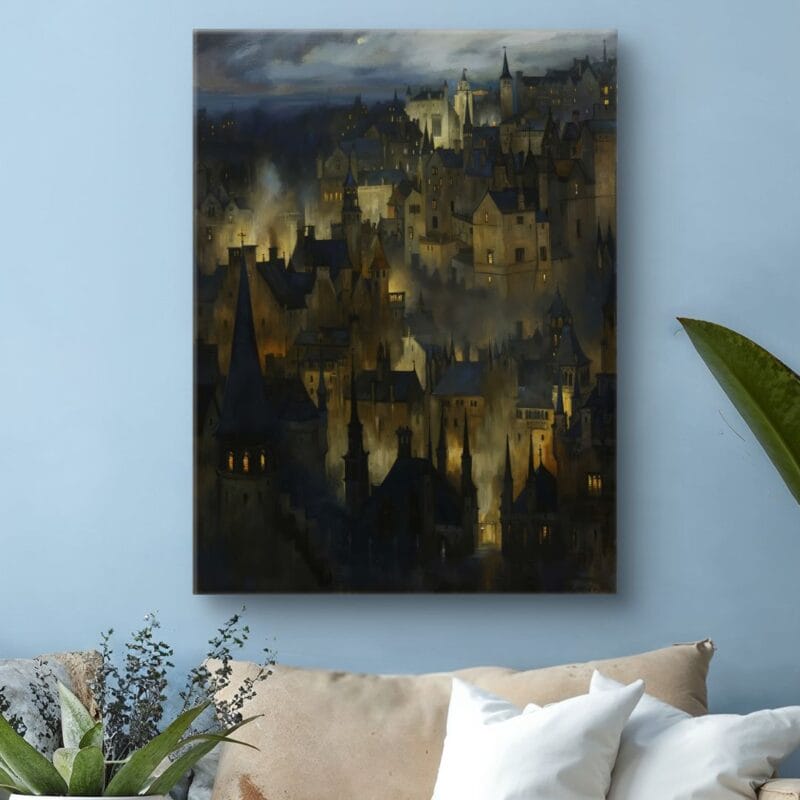 Obraz tajemnicze miasto nocą do salonu vintage