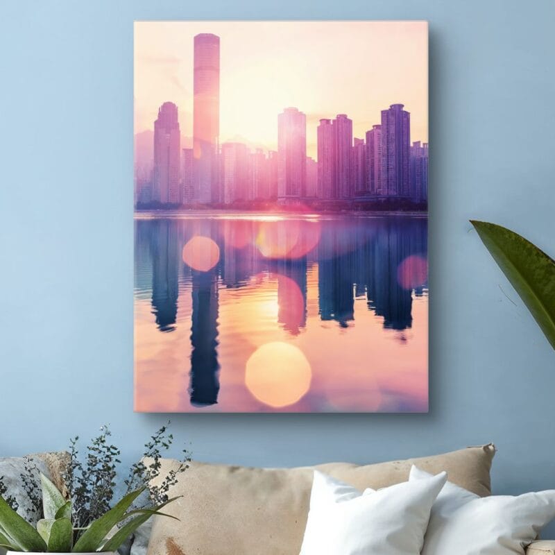 Plakat do salonu zachód słońca nad miastem