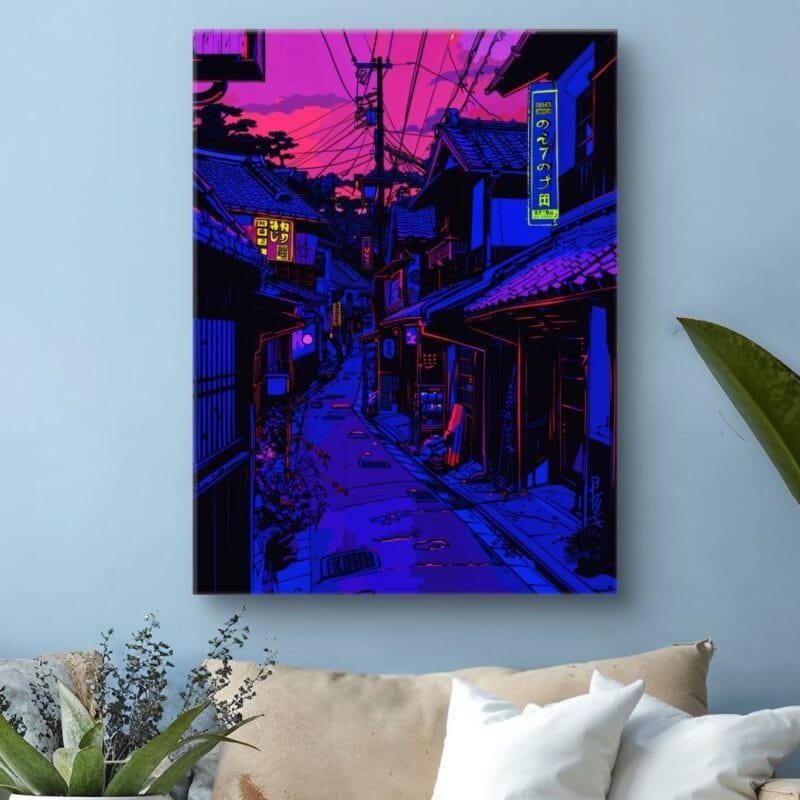 Plakat architektura ulicze Japonia fioletowy różowy