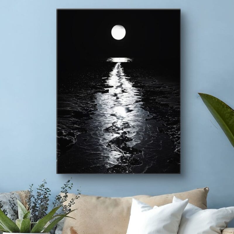 Plakat nocny krajobraz pełnia księżyca nad wodą