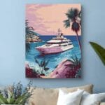 Plakat morze i ocean jacht o zachodzie słońca