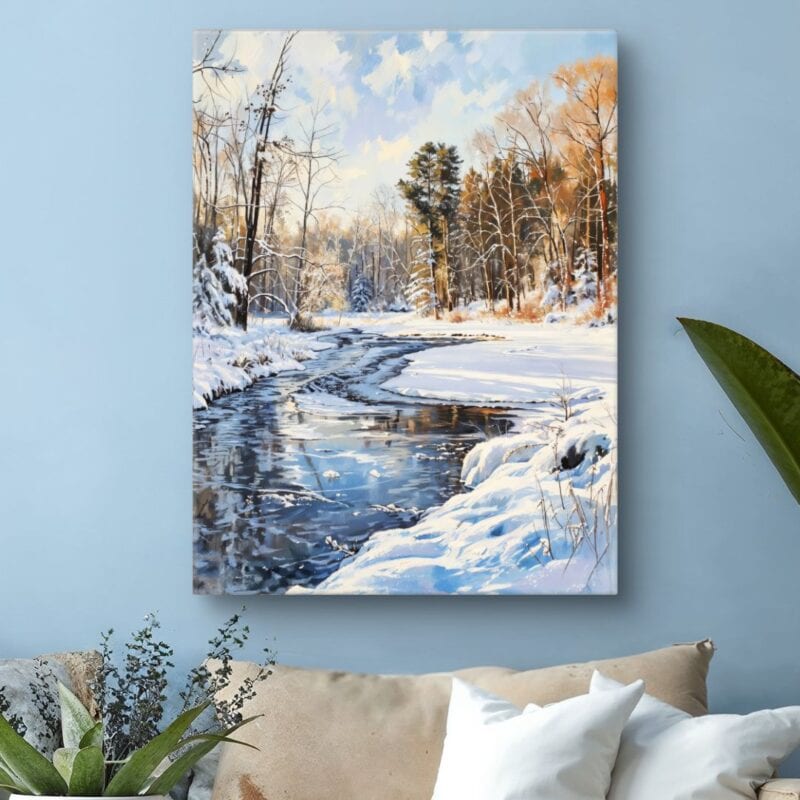 Obraz krajobraz do salonu zimowy krajobraz z rzeką