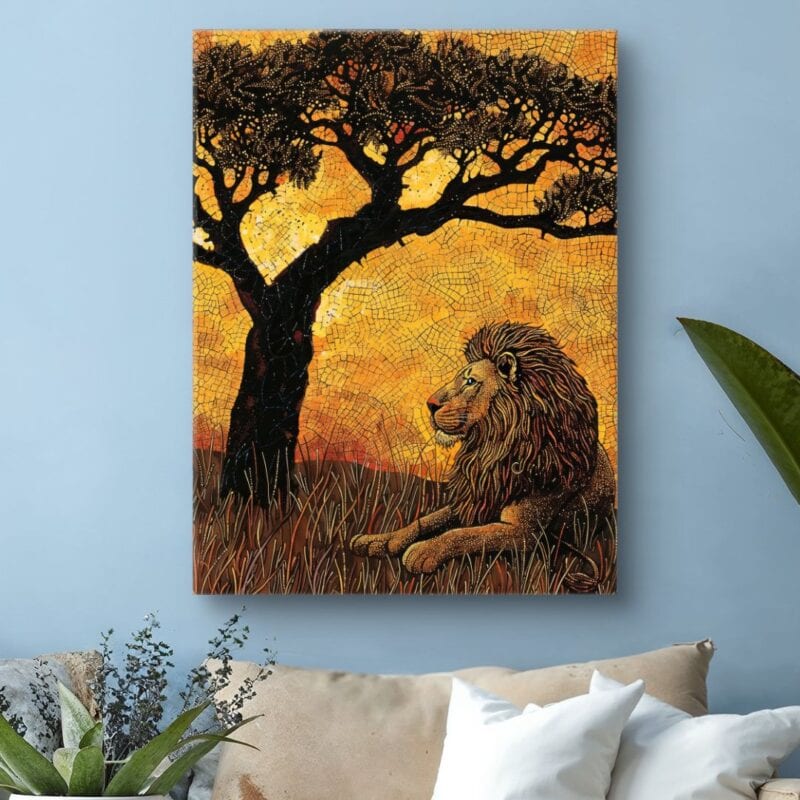 Plakat drapieżnik lew pod drzewem do salonu