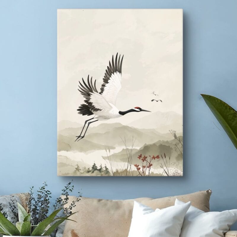 Obraz do salonu żuraw w locie nad krajobrazem