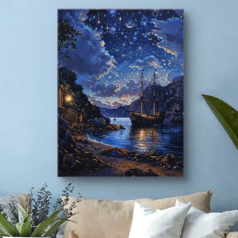 Obraz do salonu nocny pejzaż statek na morzu