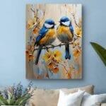 Obraz na płótnie para ptaków na kwiecistej gałęzi Obraz na płótnie para ptaków na kwiecistej gałęzi