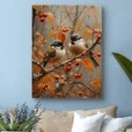 Plakat zwierzęta ptaki wróble na jesiennej gałęzi