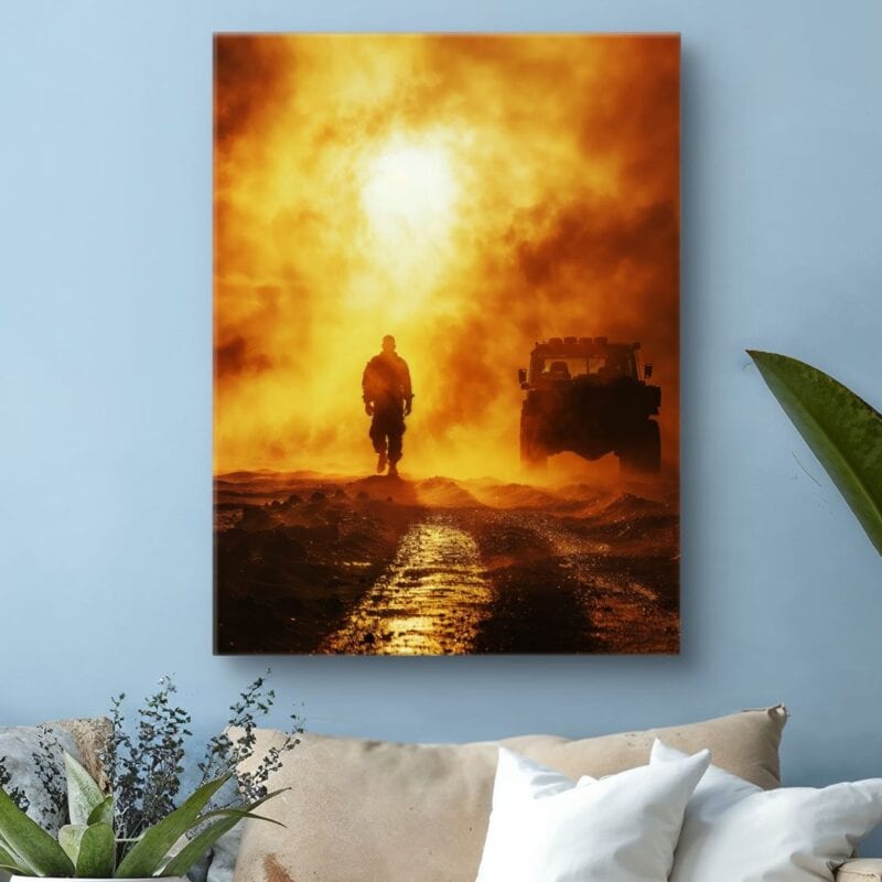 Plakat zachód słońca żołnierz pojazd terenowy