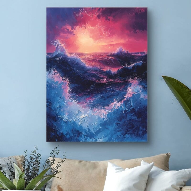 Obraz wzburzone morze o zachodzie słońca do salonu