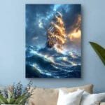 Obraz morze burza do salonu niebieski i pomarańczowy