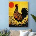 Obraz do salonu kogut na tle słońca folk art