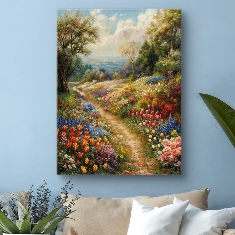 Obraz wiosenny spacer przez kwitnącą łąkę do salonu