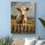Obraz krowa na tle wiejskiego pejzażu do salonu