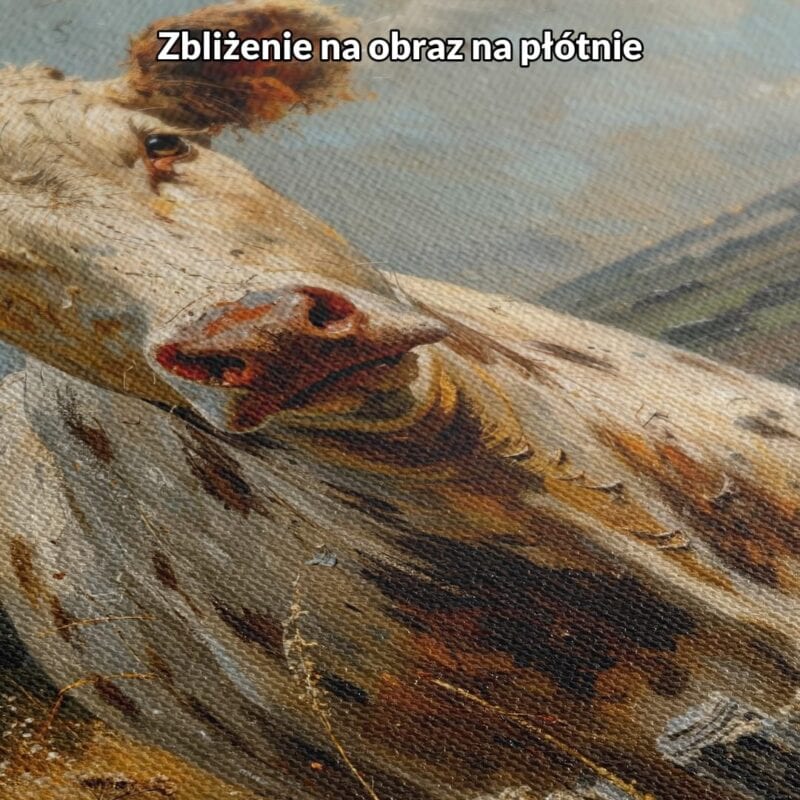 Obraz krowa na tle wiejskiego pejzażu do salonu