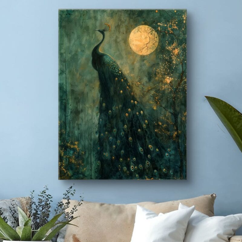 Obraz do salonu paw w blasku księżyca