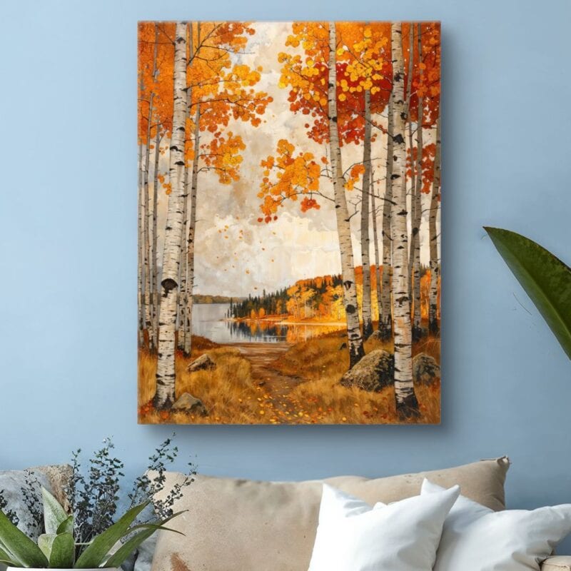 Obraz jesienny las brzozowy z widokiem na jezioro