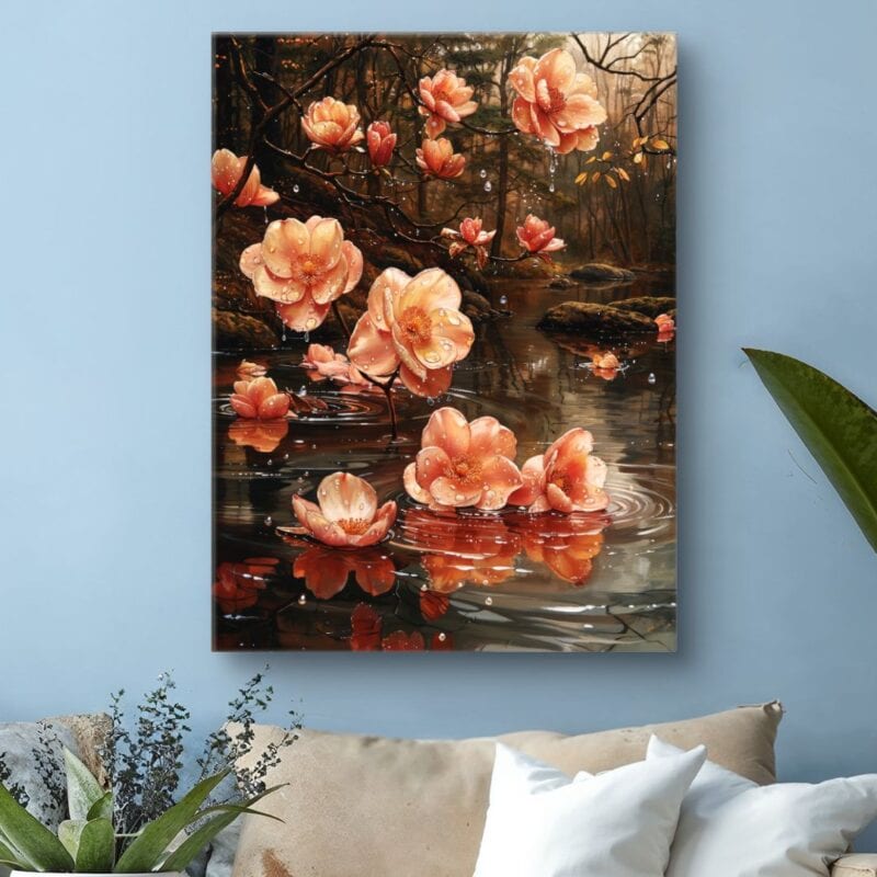 Obraz do salonu kwieciste natura jezioro pomarańczowy
