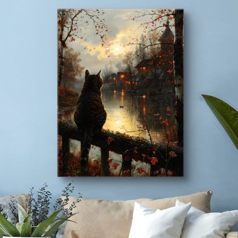 Obraz kot nad jesienną rzeką do salonu